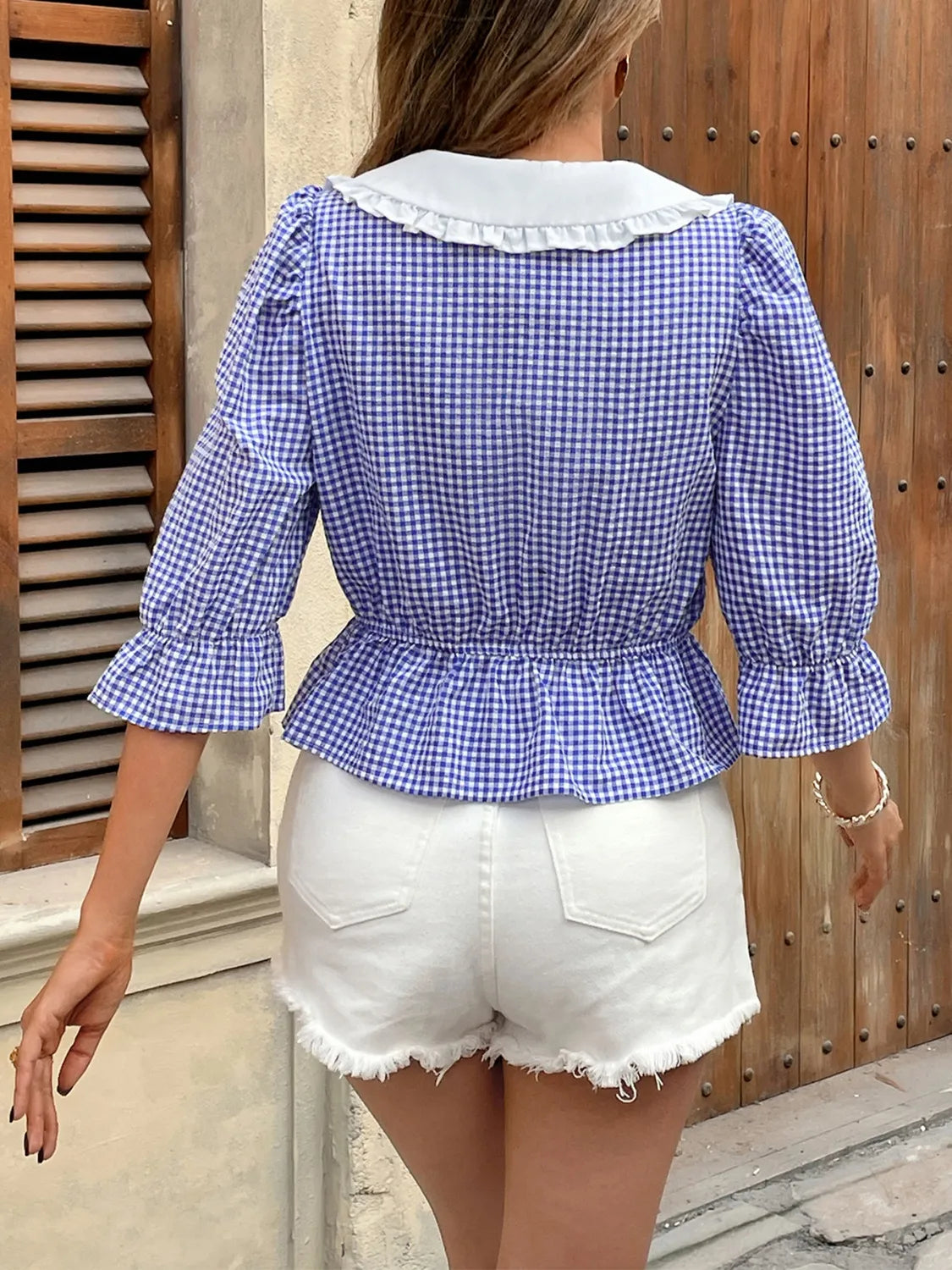 Front Plaid Flounce Sleeve Blouse DJPT