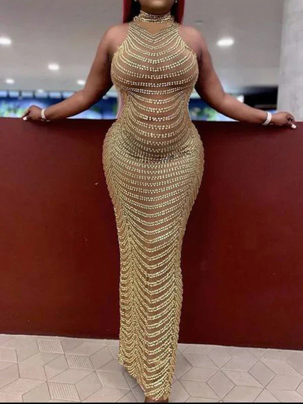 Gold Rhinestone Mesh Sleeveless Backless Photoshoot Bodycon Evening Plus Size Maternity Maxi Dress Maternity