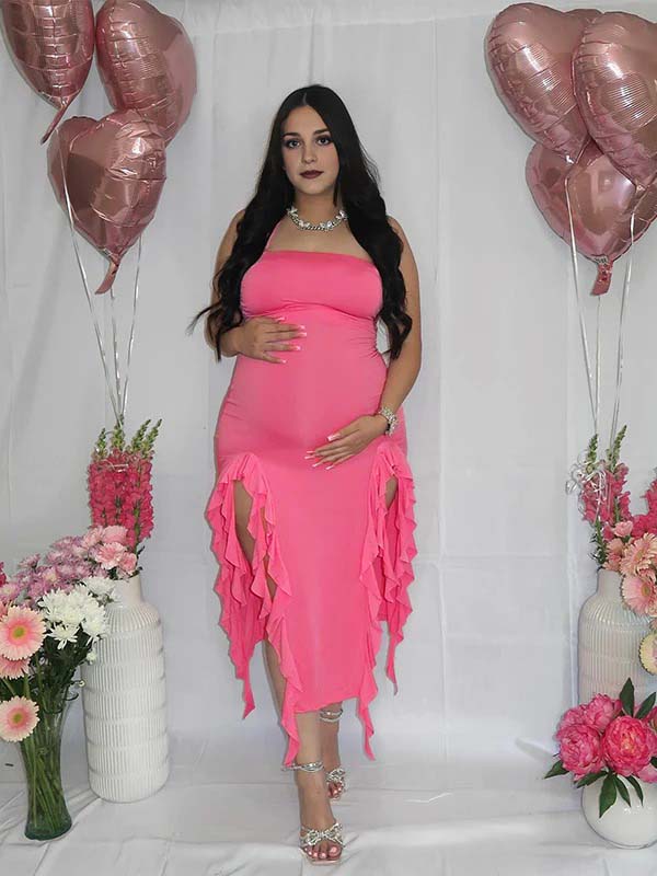 Rose Carmine Ruffle Slit Bodycon Fashion Party Photoshoot Babyshower Maternity Midi Dress Maternity