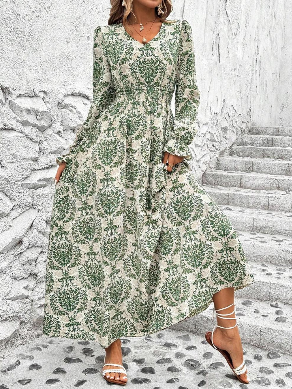 Printed V-Neck Flounce Sleeve Dress DJPT