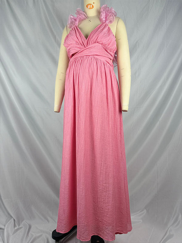 Pink Tulle Splicing Ruffle Pleated Tie Back V-Neck High Waist Cocktail Party Gowns Cute Baby Shower Maternity Maxi Dress Maternity