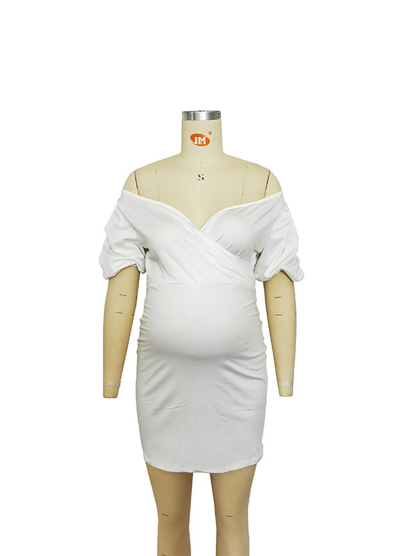 White Off Shoulder Backless V-Neck Lantern Sleeve Bodycon Party Cute Baby Shower Maternity Mini Dress Maternity
