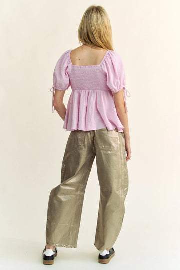 & Dani Solid Elastic Peplum Puffed Sleeves Blouse DJPT