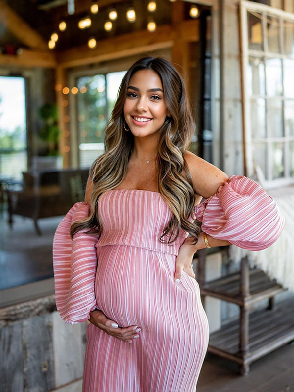 Pink Off Shoulder Bandeau Ribbed Pleated Bodycon Puff Sleeve Evening Gown Baby Shower Maternity Maxi Dress Maternity