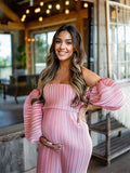 Pink Off Shoulder Bandeau Ribbed Pleated Bodycon Puff Sleeve Evening Gown Baby Shower Maternity Maxi Dress Maternity