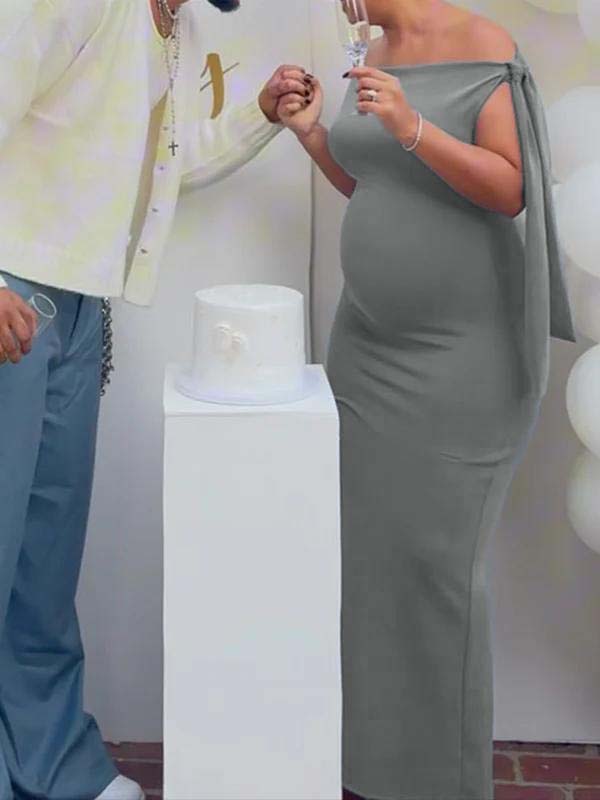Grey Asymmetric Shoulder Knotted One Shoulder Sleeveless Bodycon Elegant Cocktail Party Maternity Photoshoot Baby Shower Maxi Dress Maternity