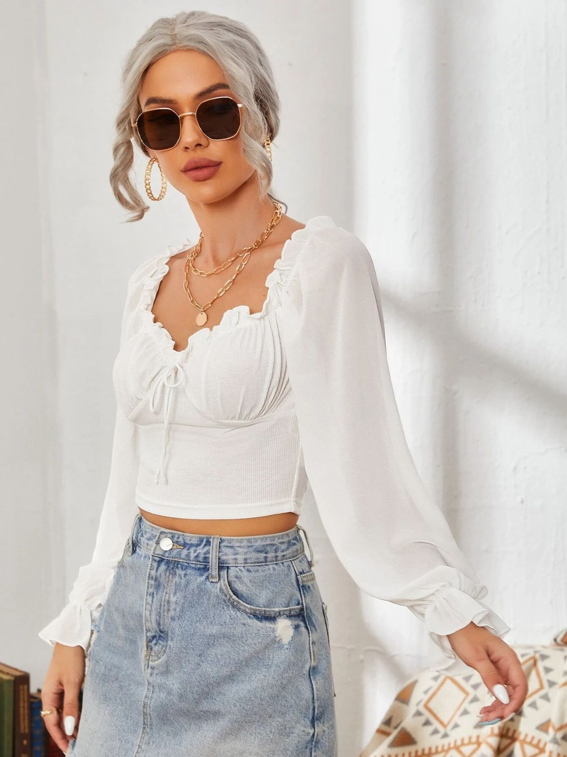 Sweetheart Neck Flounce Sleeve Top DJPT