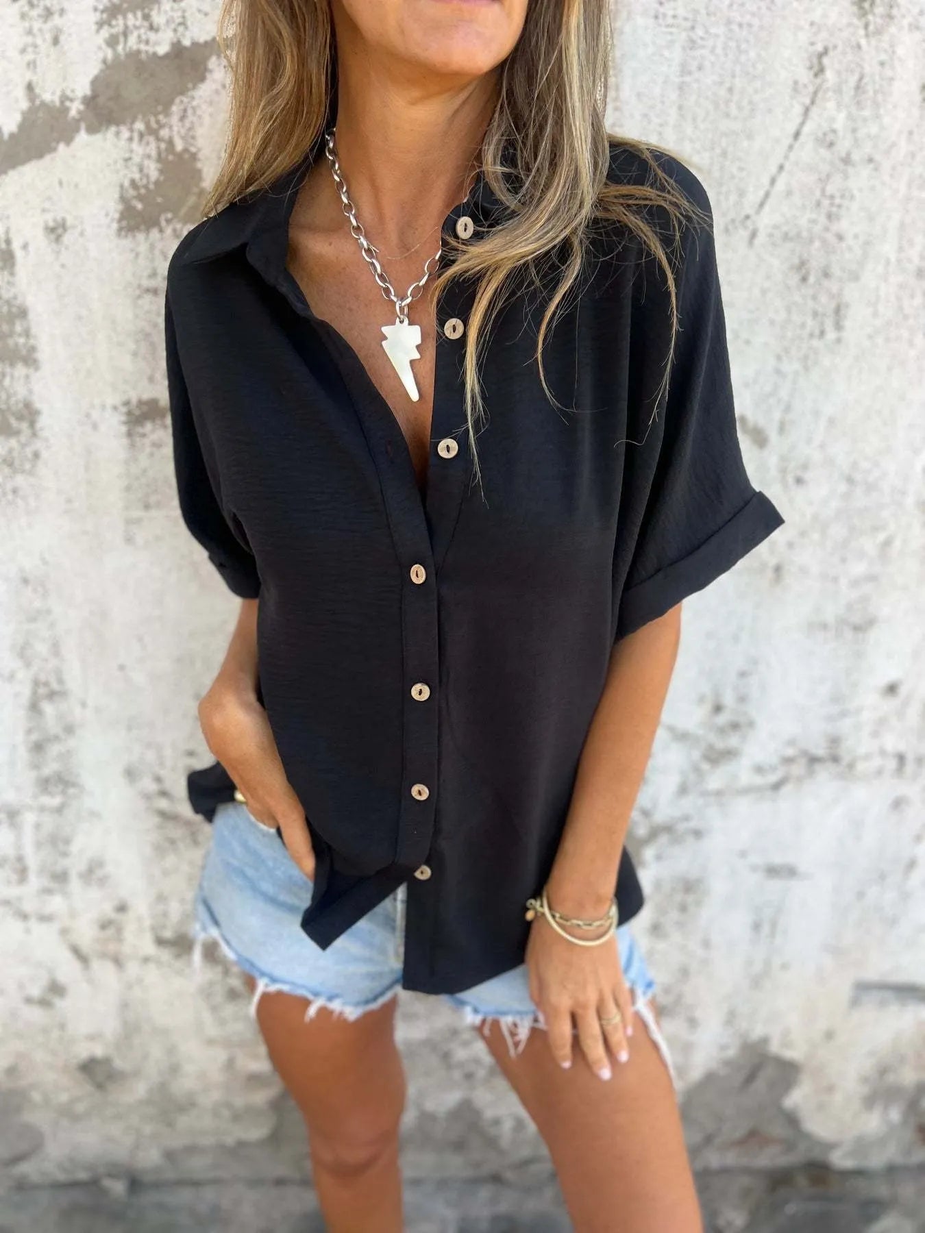 Size Casual Button Down Short Sleeve Loose Shirt Plus Size DJPT