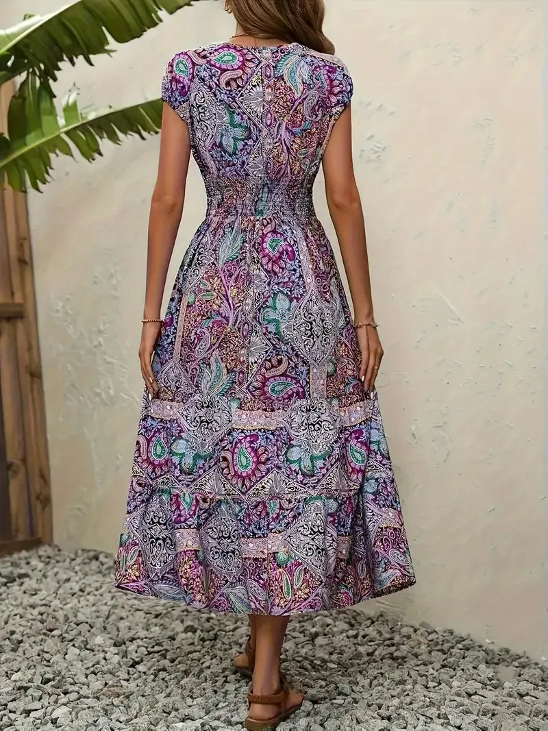 Size Printed V-Neck Short Sleeve Midi Dress DJPT