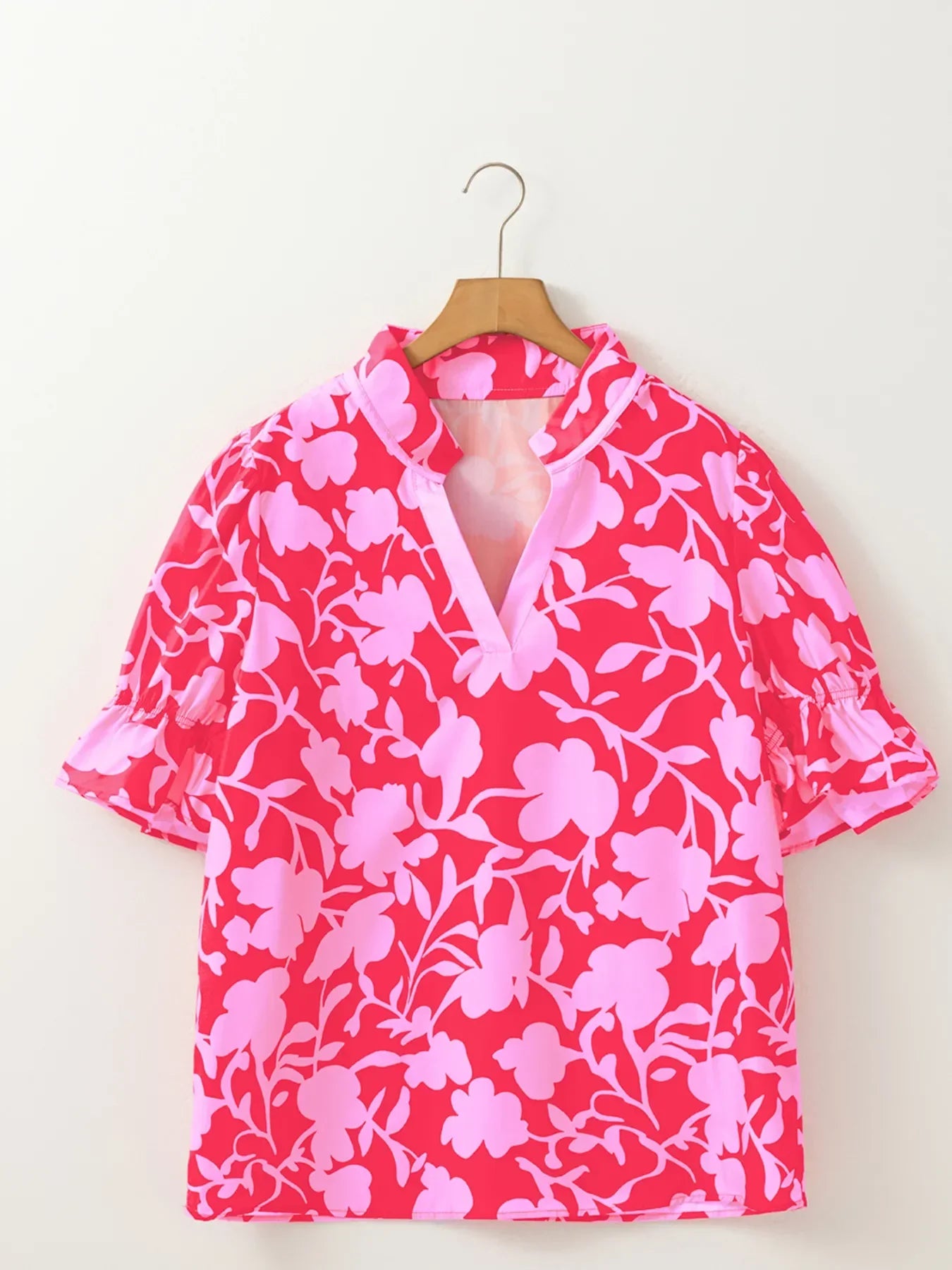 Split V Neck Ruffled Short Sleeve Blouse Top DJPT