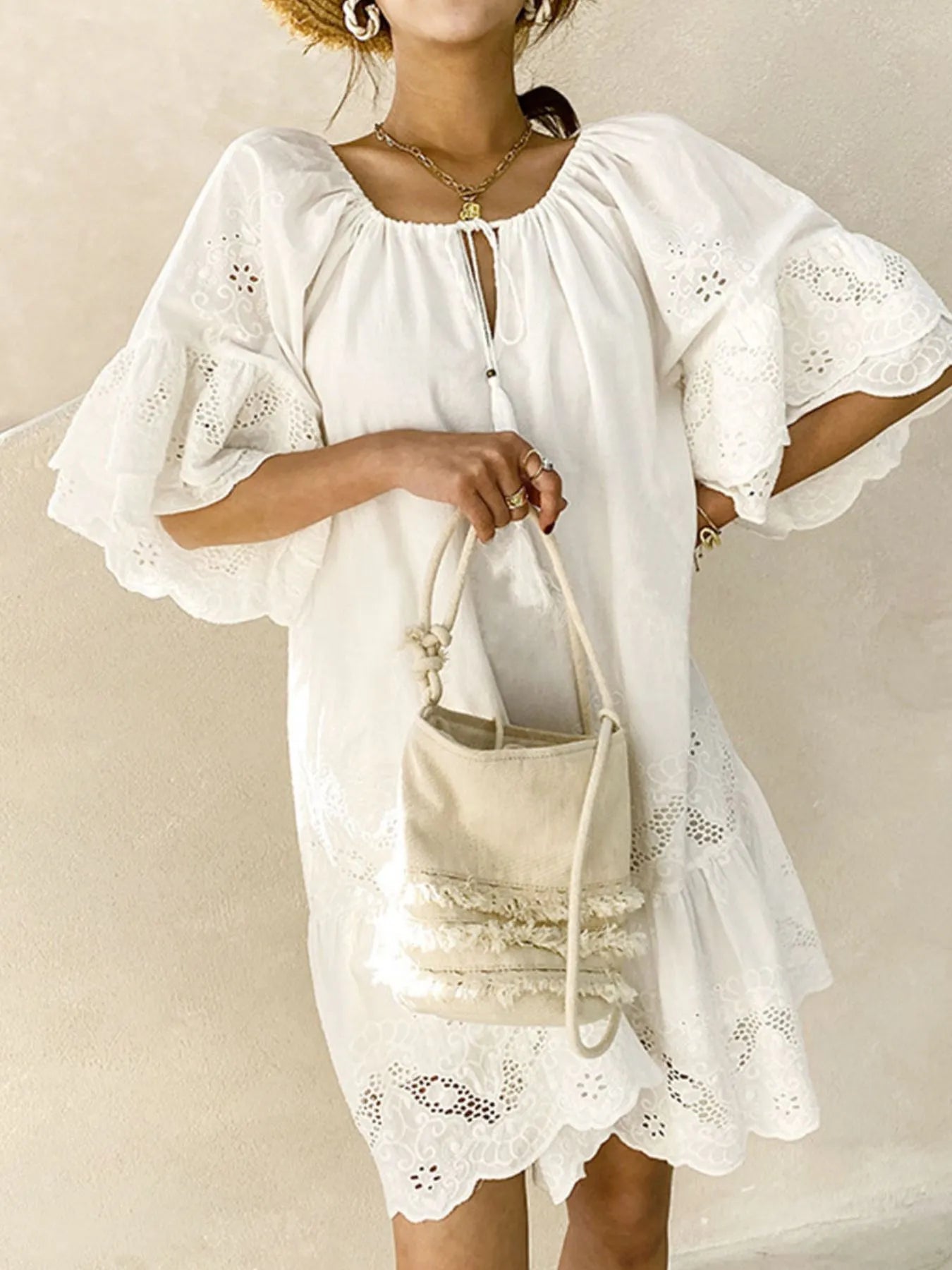 Embroidered Tassel Tie Neck Dress DJPT