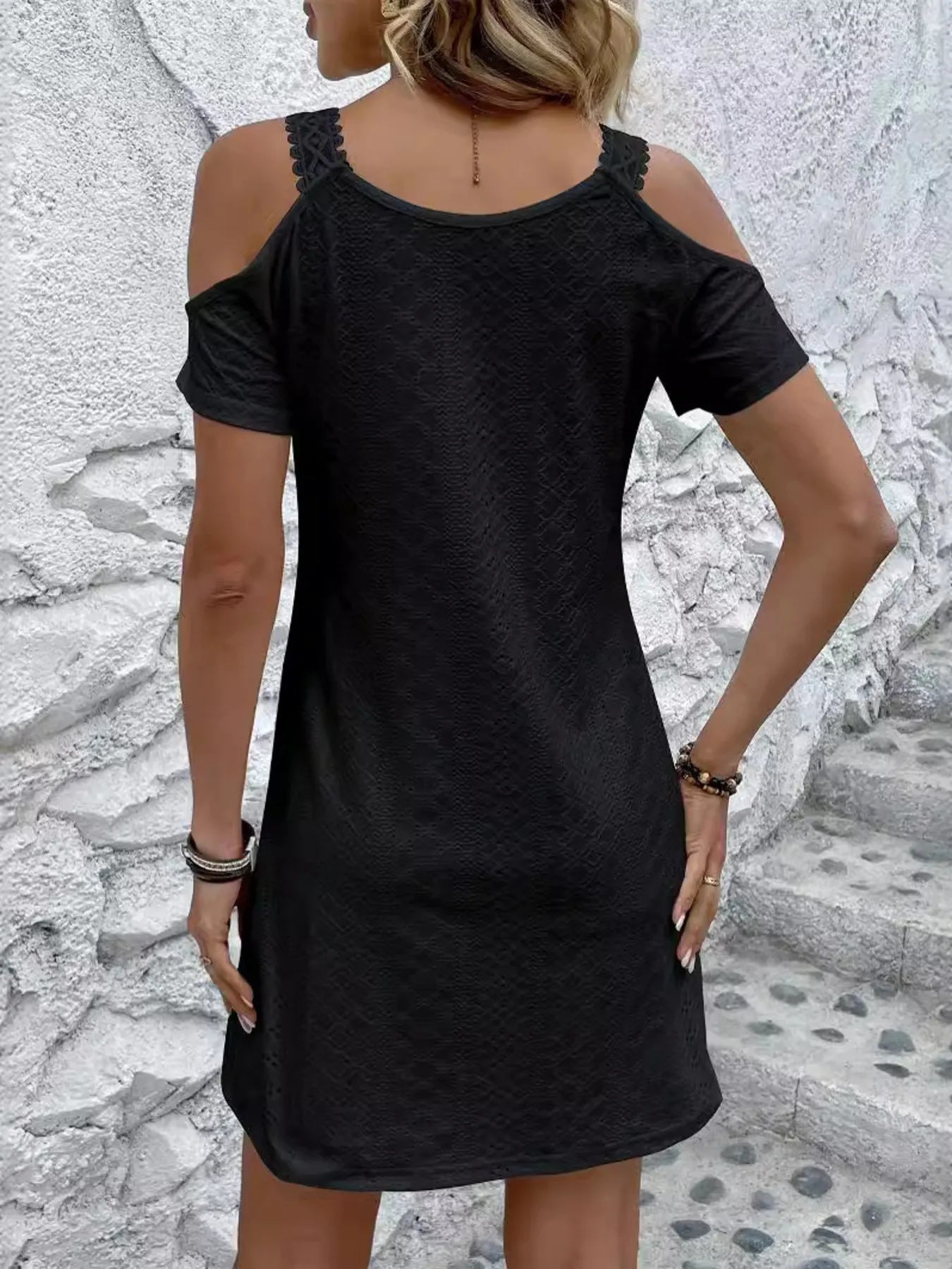 Shoulder Short Sleeve Eyelet Mini Dress DJPT