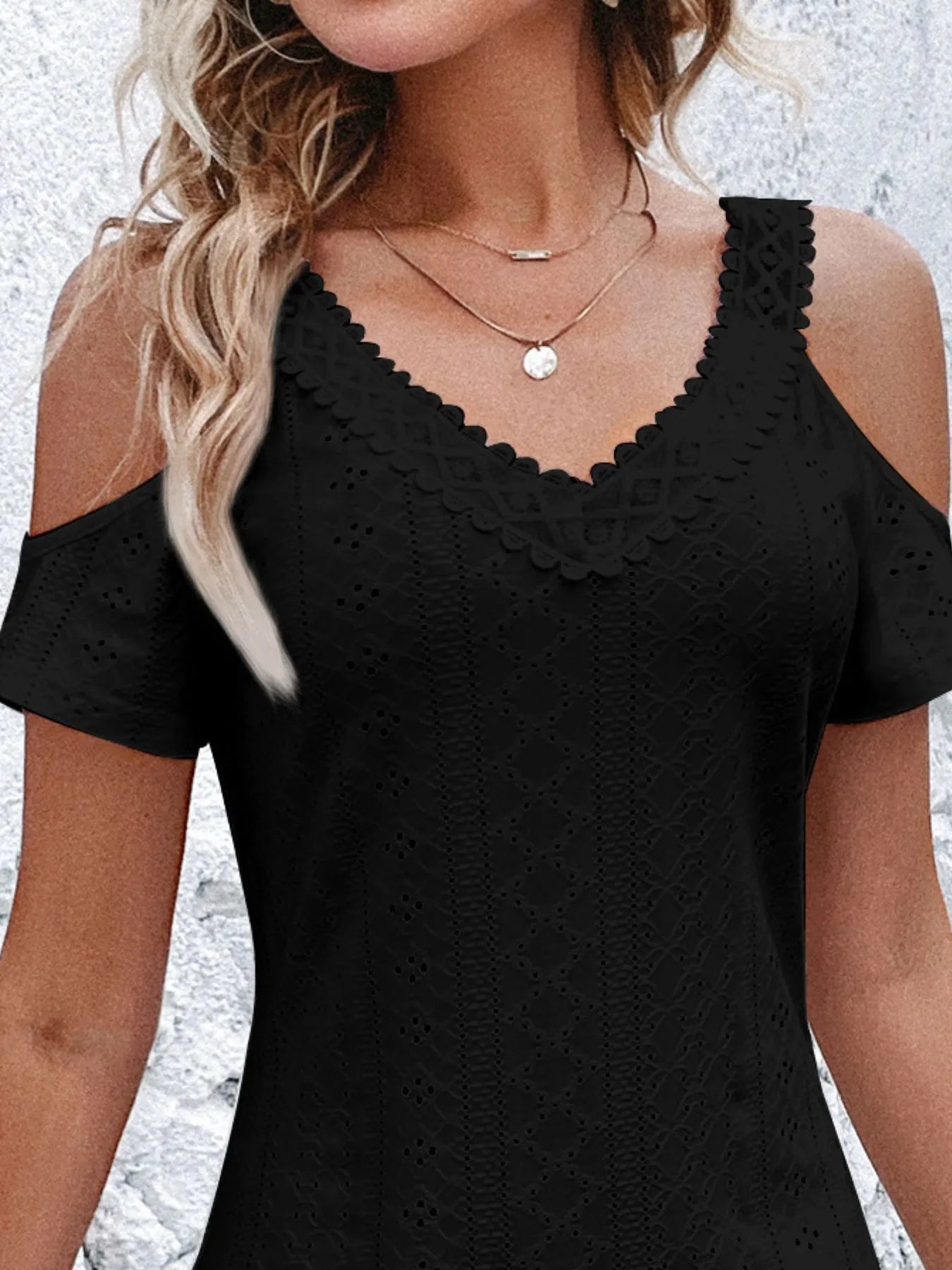 Shoulder Short Sleeve Eyelet Mini Dress DJPT