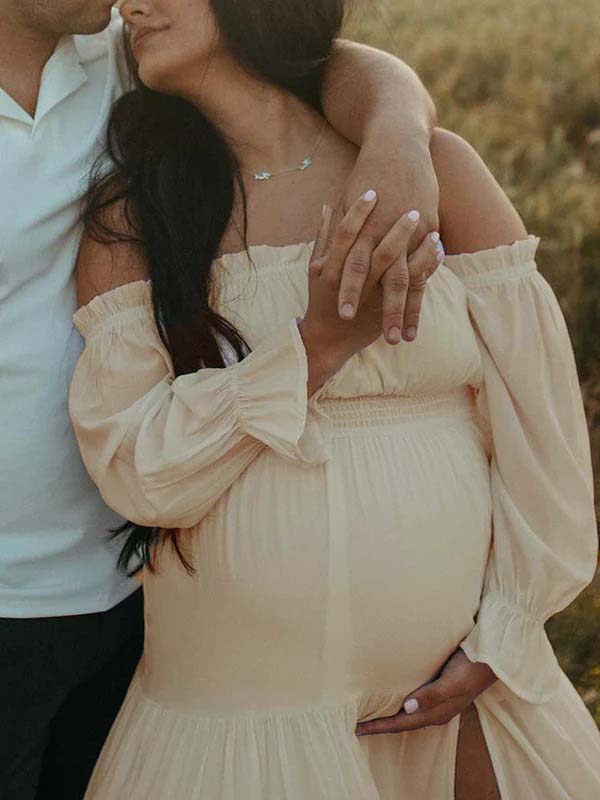 Flowy Off Shoulder Ruffle Falbala Side Slit Big Swing Lantern Sleeve Elegant Holiday Vacation Boho Maternity Photoshoot Baby Shower Maxi Dress Maternity