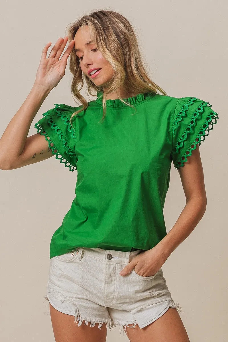 Solid Woven Circle Trim Ruffle Top DJPT