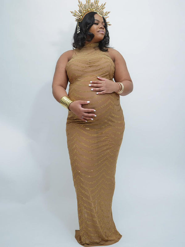 Gold Rhinestone Mesh Sleeveless Backless Photoshoot Bodycon Evening Plus Size Maternity Maxi Dress Maternity