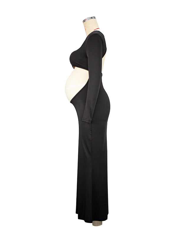 Black Cut Out Mermaid Crop Long Sleeve Backless Bodycon Cocktail Club Party Photoshoot Maternity Maxi Dress Maternity