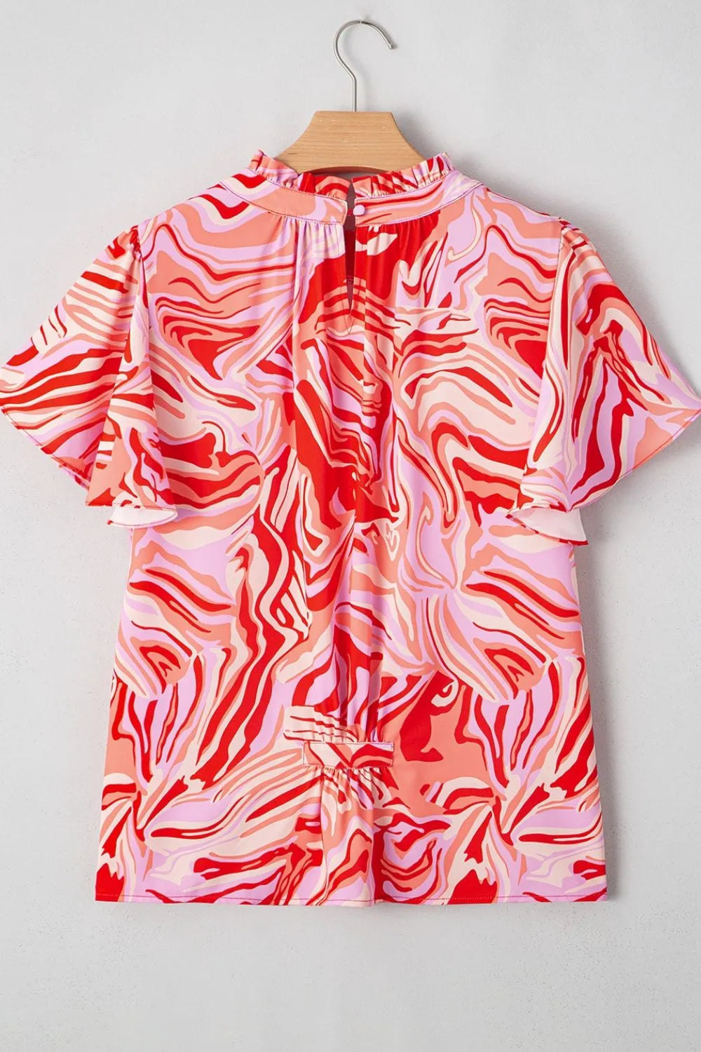 Print Ruffled Short Sleeve Mock Neck Blouse DJPT
