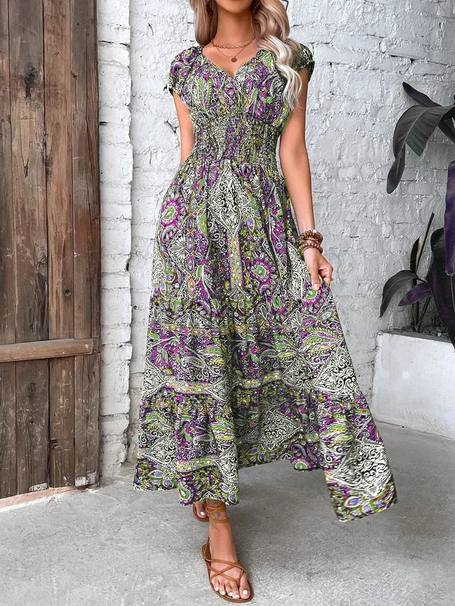 Size Printed V-Neck Short Sleeve Midi Dress DJPT
