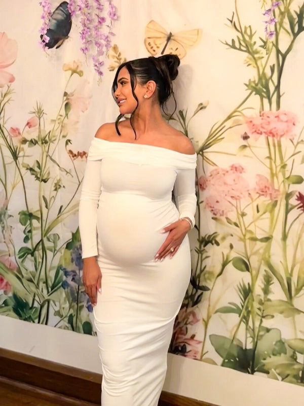 Elegant White Off Shoulder Bodycon Mermaid Falbala Floor Mopping Babyshower Maternity Photoshoot Maxi Dress Maternity