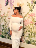 Elegant White Off Shoulder Bodycon Mermaid Falbala Floor Mopping Babyshower Maternity Photoshoot Maxi Dress Maternity