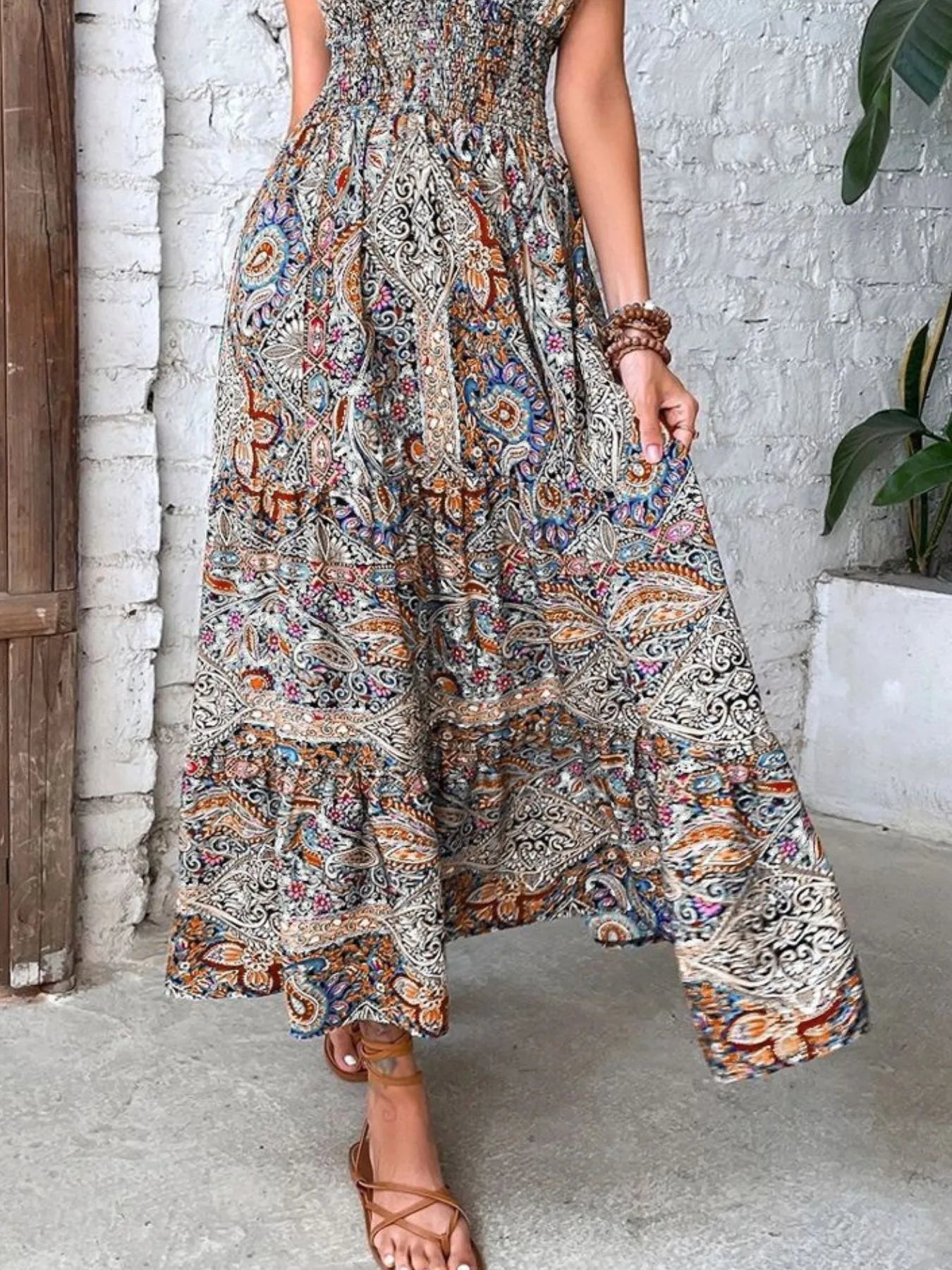 Size Printed V-Neck Short Sleeve Midi Dress DJPT