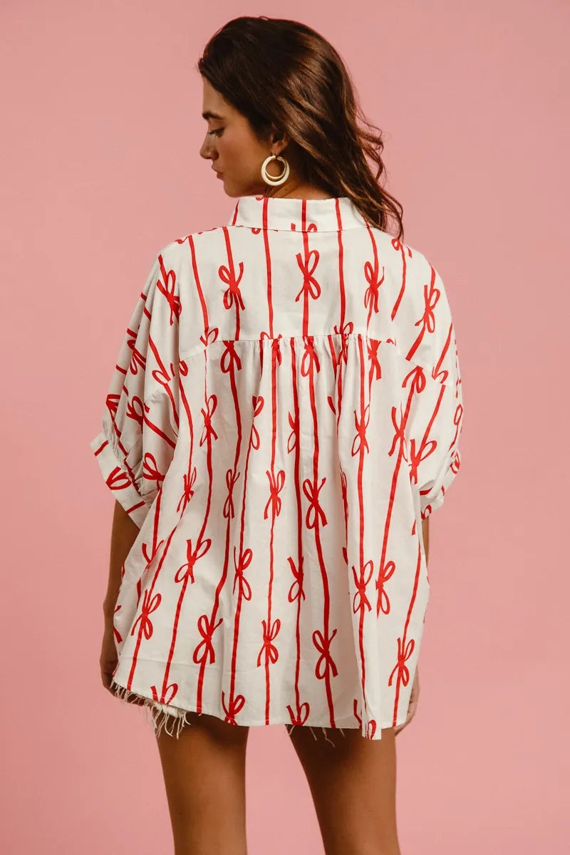 Bow Ribbon Woven Printed Button Down Shirt DJPT