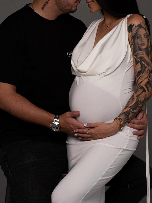 One Sleeve Backless Tie V-neck Bodycon Elegant Evening Photoshoot Gown Baby Shower Maternity Maxi Dress Maternity