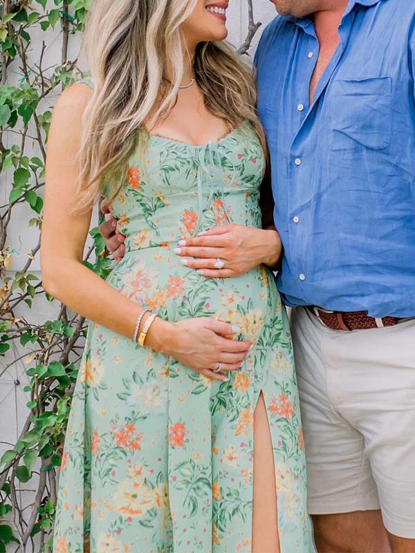 Green Floral Side Slit Ruffle Bow Flowy Back Zipper Photoshoot Baby Shower Maternity Maxi Dress Maternity