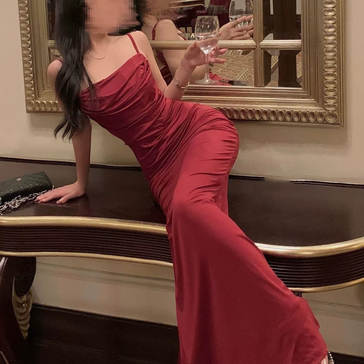 Sheath Spaghetti Straps Burgundy Long Party Dress Prom Dresses SD1376