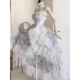 High Low Strapless Floor Length Light Blue Flowers Prom Dresses Birthday Dress SD467