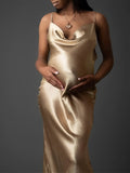 Satin Spaghetti Strap Tie Back Backless Trumpet Party Bodycon Plus Size Baby Shower Maternity Maxi Dress Maternity