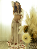 Two Piece Boho Flower Printing Off Shoulder Chiffon Crop Bandeau Photoshoot Maternity Maxi Dress Maternity