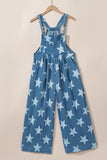 Print Buttoned Strap Wide Leg Denim Overalls DJPT