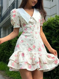 Print Button-Front Ruffle Hem Dress DJPT
