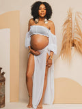 Chic White Two Piece Falbala Slits On Both Sides Transparent Off Shoulder Flowy Beach Maternity Photoshoot Maxi Dress Maternity