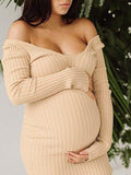 Apricot Off Shoulder Boat Neck Elegant Long Sleeve Baby Shower Maternity Photoshoot Sweater Dress Maternity