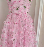 A Line Straps Pink Floral Tulle Lace Prom Dresses Birthday Outfits SD377