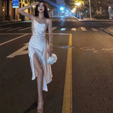 A Line Spaghetti Straps Satin Party Dress Prom Dresses SD1382