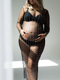 Mesh Solid Color Beading Pearl Rhinestone Long Sleeve Cover-ups Side Slit Photoshoot Maternity Maxi Dress Maternity