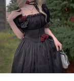 A Line Square Neckline Short Sleeves Black Chiffon Long Party Dresses Birthday Dress SD584