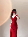Sheath Straps Red Satin Long Prom Dresses Birthday Outfits SD512