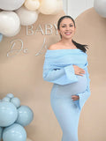 Blue Knit Ruched Off Shoulder Flare Sleeve Bodycon Elegant Cocktail Party Gown Maternity Photoshoot Baby Shower Maxi Dress Maternity