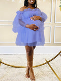 Purple Grenadine Tulle Off Shoulder Ruffle Flare Sleeve Baby Shower Photoshoot Maternity Dress Maternity