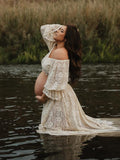 Boho Lace Off Shoulder Lace Tassel Crop 2-in-1 Side Slit Ruffle Photoshoot Maternity Maxi Dress Maternity