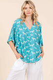 Zebra Print V-Neck Button Down Dolman Sleeve Top DJPT