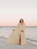 Ivory White Single Breasted Open Front Big Swing Deep V-neck Robe Elegant Wedding Gown Maternity Boho Photoshoot Baby Shower Maxi Dress Maternity