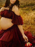 Solid Color Bohemian Off Shoulder Backless Ruffle 2 piece set Photoshoot Maternity Maxi Dress Maternity