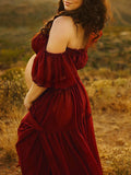 Solid Color Bohemian Off Shoulder Backless Ruffle 2 piece set Photoshoot Maternity Maxi Dress Maternity