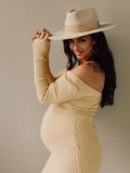 Apricot Off Shoulder Boat Neck Elegant Long Sleeve Baby Shower Maternity Photoshoot Sweater Dress Maternity